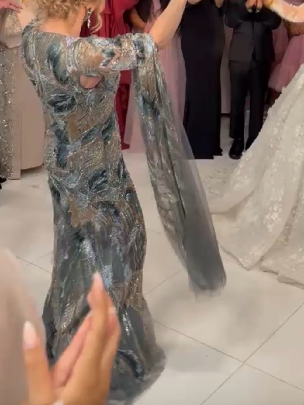 Jovani Silver Beaded Long-Sleeve Evening Gown